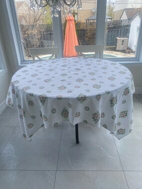 Floral  square floral Tablecloth White w Pink & Green Accents L: 62” width:  67”